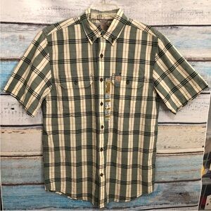 Carhartt Mens Short Sleeve Shirt Plaid Striped Cream Light Green Size Small